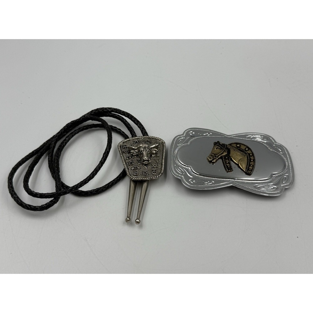 Vintage Bolo Tie Western Cowboy Brands Cow Bull Steer & Belt Buckle